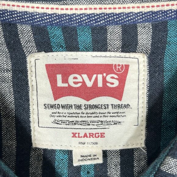 Levi's Button Up Shirt Linen Blend Striped Men's Size XL Green/Blue/Black - Picture 8 of 10